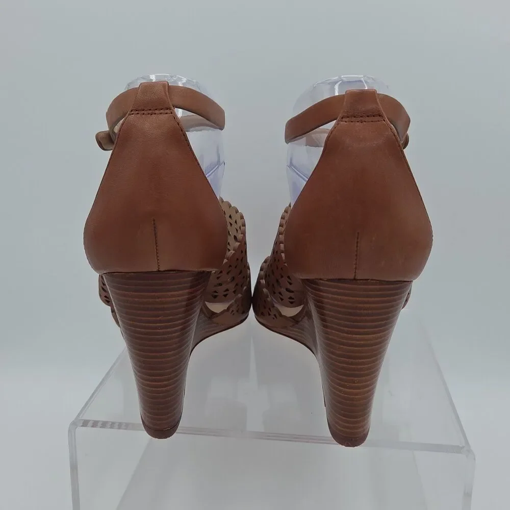 NWOB Tory Burch Perforated Gladiator Wedge Sandal 10.5 M Brown Leather Cutout
